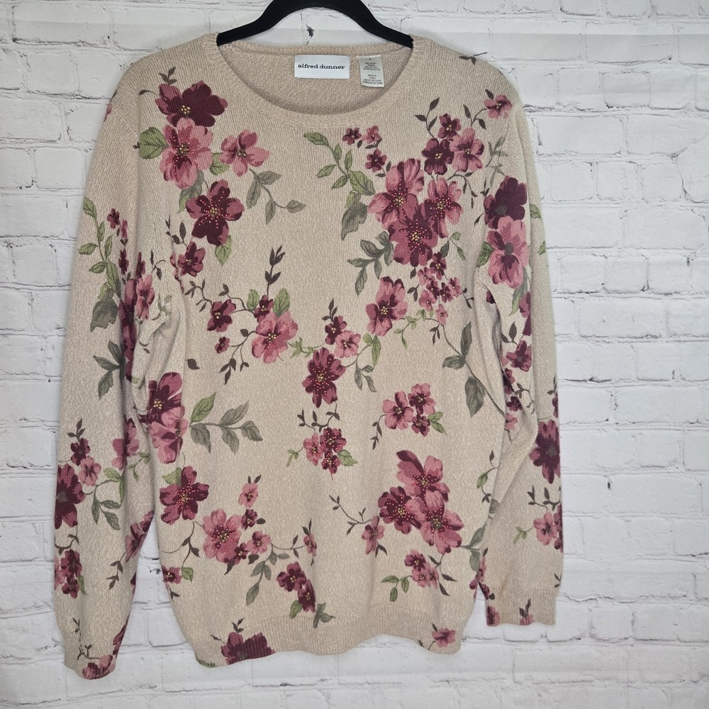 Alfred Dunner Knit Sweater All Over Beaded Floral Cozy Romantic Cottage core S